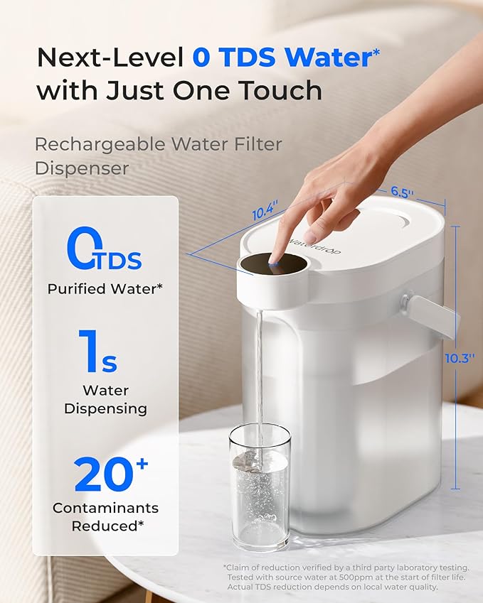Waterdrop 0 TDS Zero TDS Water Rechargeable Water Filter Dispenser, 4-Stage Instant Electric Powerful Pitcher, Reduce Chlorine, Lead, 15-Cup Countertop Water Filtration System with 1 Filter, White