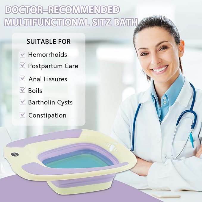 Sitz Bath, Sitz Bath for Postpartum Care, Sitz Bath for Hemorrhoids, Sitz Bath for Toilet Seat, Sits Bath Tub for Women Men Adults, Sitz Bath Soak Salts Basin, Hip Bath Bowl, Collapsible, Purple