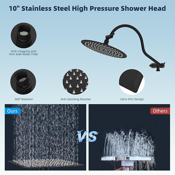Hibbent All Metal Shower Head, 10'' High Pressure Rainfall Shower Head, Handheld Showerhead Combo, 12'' Adjustable Curved Extension Arm, 10 Sprays, 71'' Shower Hose, Showerhead Holder, Matte Black