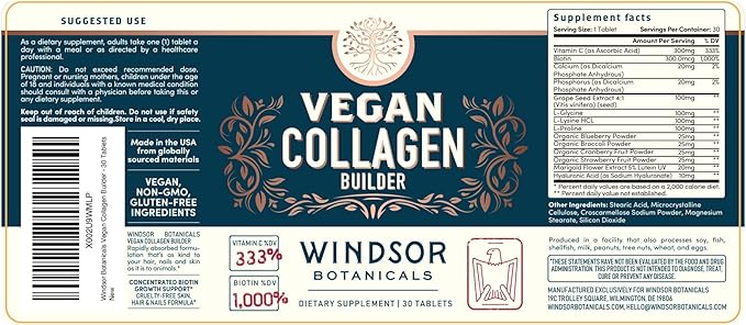 Vegan Collagen for Women and Men - Organic Superfood, Amino Acids Glycine, Lysine, Proline for Healthy Skin, Hair, Nails - Plant-Based Collagen Booster Supplements - 60 Gluten-Free Vegetarian Pills