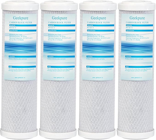 Geekpure 10 Inch Carbon Block Replacement Filter Cartridge for RO Water Filtration System -2.5" x 10" -5 Micron-Pack 4