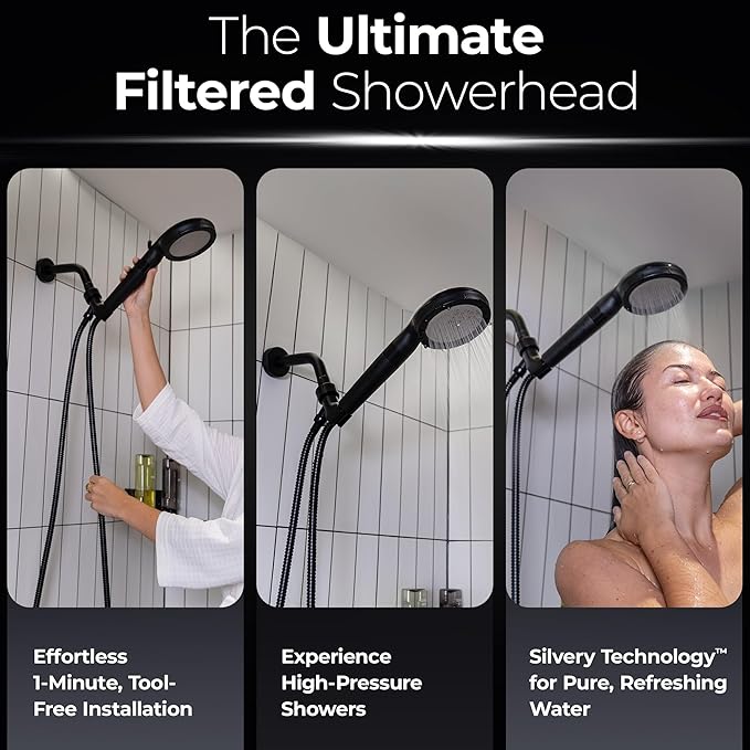 Silvery High Pressure Filtered Shower Head - Dermatologist-Approved Clean Water with Silvery Technology™ Filter - Showerhead Removes Impurities for Healthier Skin, Hair, Scalp (Handheld Showerhead)