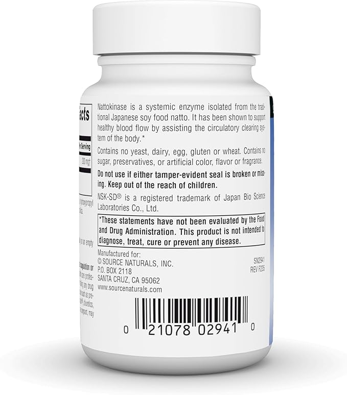 Source Naturals NSK-SD, Nattokinase, Vegetarian Friendly, Whole Body Systemic Enzyme for Healthy Circulation*, 200 mg - 60 Vegetarian Capsules