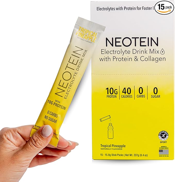 Electrolyte Powder Packets with 10g Protein & Collagen - Hydration Packets - Zero Sugar, NO Fillers, NO Carbs | Tropical Pineapple | 40 Calories | Keto & Paleo | Pack of 15