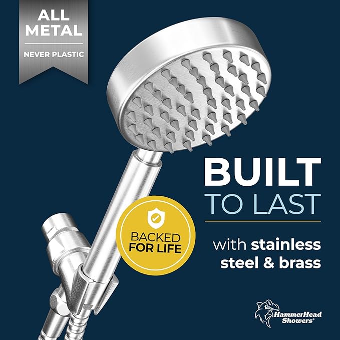 HammerHead Showers® Solid Metal LOW FLOW Handheld Shower Head with Hose and Brass Holder - BRUSHED NICKEL – Water Saving 1.75 GPM Detachable Shower Head - Adjustable Shower Wand Bracket & 6ft Hose