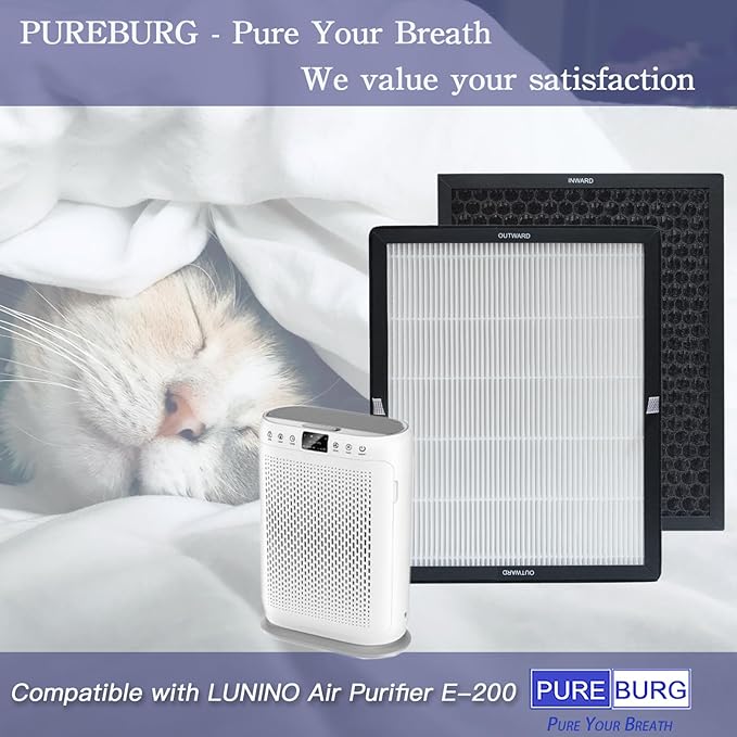 PUREBURG Replacement Filter Compatible with LUNINO E-200 Air Purifier,2-Pack H13 HEPA 3-Stage Filtration Activated Carbon 2-in-1