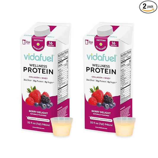 Wellness Protein Drink, 16g Protein per 2oz Shot, 32 fl oz Carton, 2 Pack, Berry, Collagen and Whey Drink, No Artificial Sweeteners