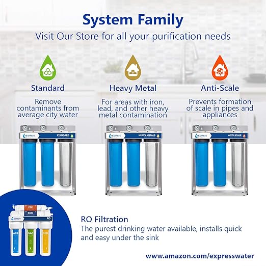 Express Water Whole House Water Filter, 1 Stage Home Water Filtration System, KDF Heavy Metal Filter, Includes Pressure Gauges, Easy Release, and 1 Inch Connections.