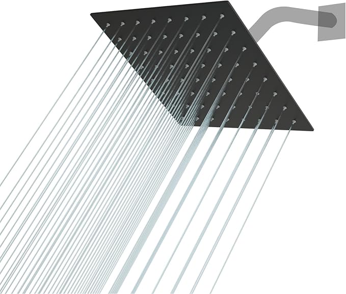 Lordear Black Shower Head 6 Inch Rainfall Black Shower Head Square Solid Ultra Thin 304 Stainless Steel Fixed Rain Shower Head with Self Cleaning Nozzles
