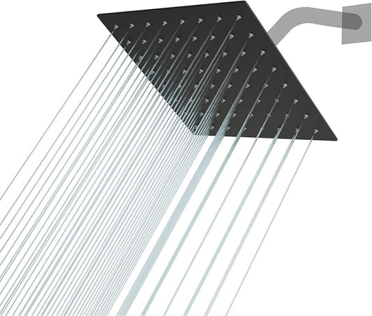 Lordear Black Shower Head 6 Inch Rainfall Black Shower Head Square Solid Ultra Thin 304 Stainless Steel Fixed Rain Shower Head with Self Cleaning Nozzles