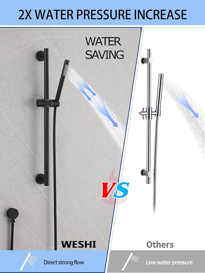 Weshi Shower Slide Bar Handheld Shower Head with Hose, Bathroom Shower faucet with Handle Spray, High Pressure Shower Slide Bar Set Height Adjustable with 59 Inch Stainless Steel Hose Matte Black