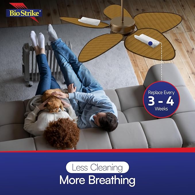 BioStrike Ceiling Fan Air Filters for Blades - Dust & Allergen Catcher - Peel & Stick, Universal Fit - Fan Blade Filter Air Purifier Pads - Made in USA - 1 Pack (Includes 2 Filters)