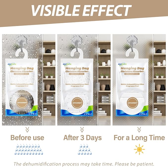 ZSZMFH 12 Pack Moisture Absorber Hanging Bags, Fragrance Free Humidity Packs, 15 OZ Dehumidifier Bags Effectively Trap Extra Moisture,Hanging Closet Dehumidifier Bags-425g/pack