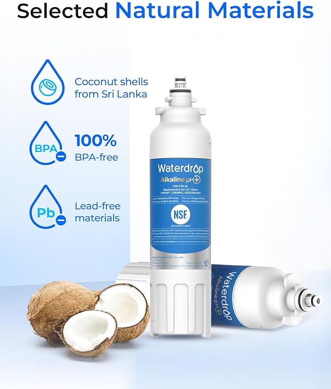Waterdrop 𝐀𝐥𝐤𝐚𝐥𝐢𝐧𝐞 ADQ73613401 Water Filter, 𝐄𝐧𝐡𝐚𝐧𝐜𝐞𝐬 𝐩𝐇, Replacement for LG® LT800P®, ADQ73613402, ADQ75795104, LSXS26326S, LMXC23746S, LSXS26366S, LSXS26386D, 4 Filters