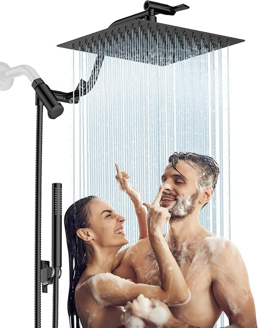 HOPOPRO 10” All Metal Rainfall Shower Head Combo with Handheld Spray, High Pressure Showerhead Combination, Adjustable Dual Showerheads with Extension Arm, Full-Body Coverage Shower Experience, Black