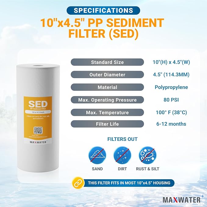 Max Water 1 Micron 10 x 4.5 inch Whole house Sediment Water Filter | Meltblown Polypropylene Well Water Filter Replacement Cartridges for DGD-5005, AP810, SDC-45-1001, GXWH30C, PP10BB (20 Pack)