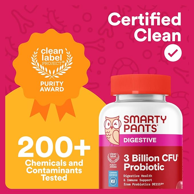 SmartyPants Adult Probiotic Gummies for Digestive Health: 3 Billion CFU, Gut Health and Immune Support Supplement, Clinically Studied Probiotic, Gluten Free, Strawberry, 30 Count (30 Day Supply)