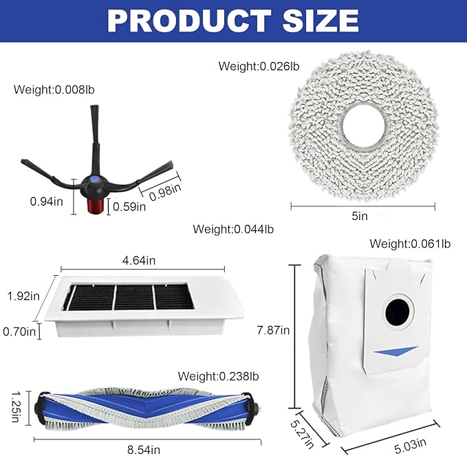 Replacement Accessories Compatible with Yeedi M12 Ultra Plus/ M12 PRO+ Robot Vacuum Cleaner.（2 Main Brush,6 Side Brushes,6 Hepa Filters,6 Mop Pads,6 dust Bags）