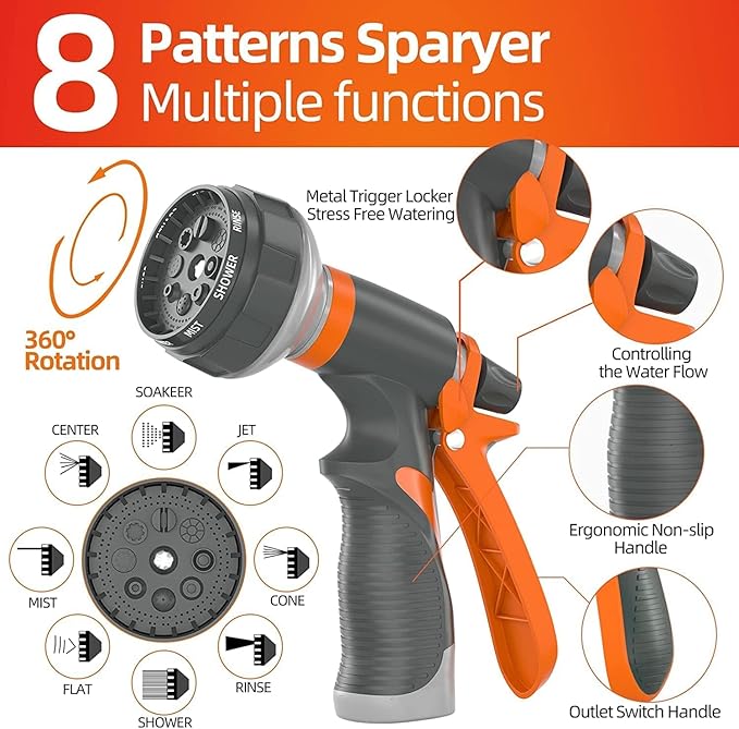 Garden Water Hose 150 ft x 3/4 in Heavy Duty, Flexible and Lightweight, Burst 600 psi, Kink-less Hybrid Rubber Pipe for Backyard, 3/4'' Brass Fittings, Orange