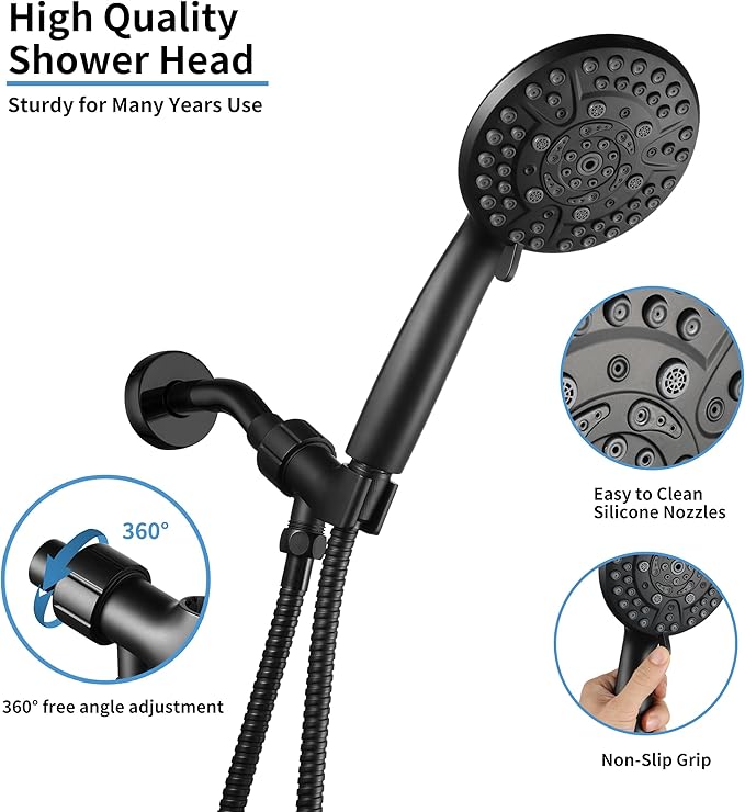 10 Spray Shower Head with Handheld,High Pressure shower heads with Handheld Spray Combo,Hand Held Shower Head with 60 Inch Long Hose (Matte Black)