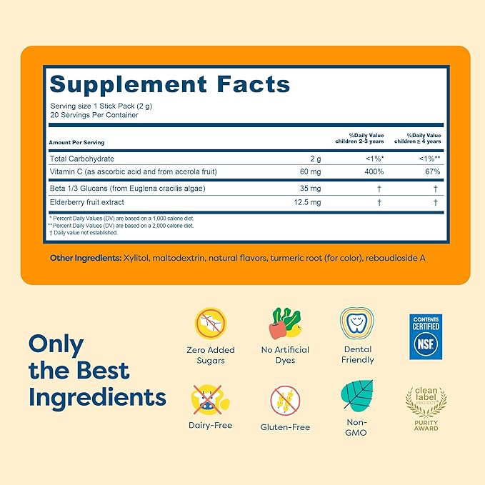 HIYA Kids Immune Support – Vitamin C, Elderberry & Beta Glucans for Ages 2+, Delicious Orange Flavor, 0g Sugar – 20 Stick Packs for Toddlers & Kids