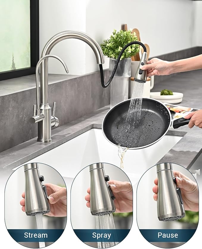 APPASO Kitchen Faucet with Water Filter, Pull Out 3 Way Sink Faucets with Sprayer, High Arch 2 Handle Faucet - 2 in 1 Faucets Brushed Nickel, Without Water Filtration Device