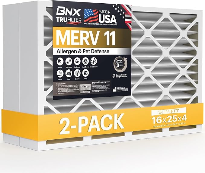 BNX TruFilter 16x25x4 (15.5’’ x 24.5’’ x 3.63‘’ Slim Fit) MERV 11 Air Filter 2-Pack - MADE IN USA - Air Conditioner Furnace Filters HVAC AC Furnace Filters for Allergy Dust, Pet, Mold, MPR 1200 FPR 7