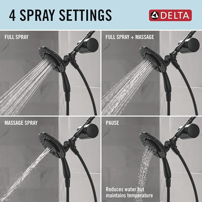 Delta Faucet 4-Setting In2ition 2-in-1 Dual Shower Head with Clarifi Standard Shower Filter Attachment and Filter, Black Shower Head with Filter, Filtered Shower Head, Matte Black 7SF110BBL