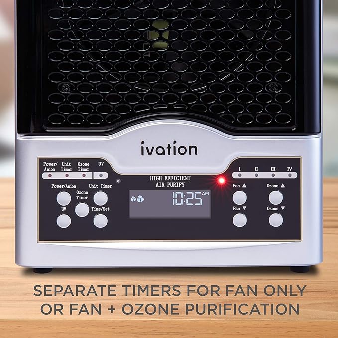 Ivation 5-in-1 HEPA Air Purifier & Ozone Generator W/Digital Display Timer and Remote, Ionizer & Deodorizer 3,700 Sq/Ft – HEPA, Carbon and Photocatalytic Filters, UV Light and Negative Ion Generator