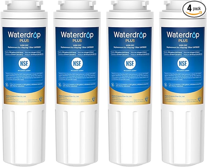 Waterdrop Plus UKF8001 NSF 401,53 Certified Refrigerator Water Filter, 𝐑𝐞𝐝𝐮𝐜𝐞 𝐏𝐅𝐀𝐒, Replacement for Whirlpool® Everydrop® Filter 4, EDR4RXD1, Maytag® UKF8001AXX, 4 Filters