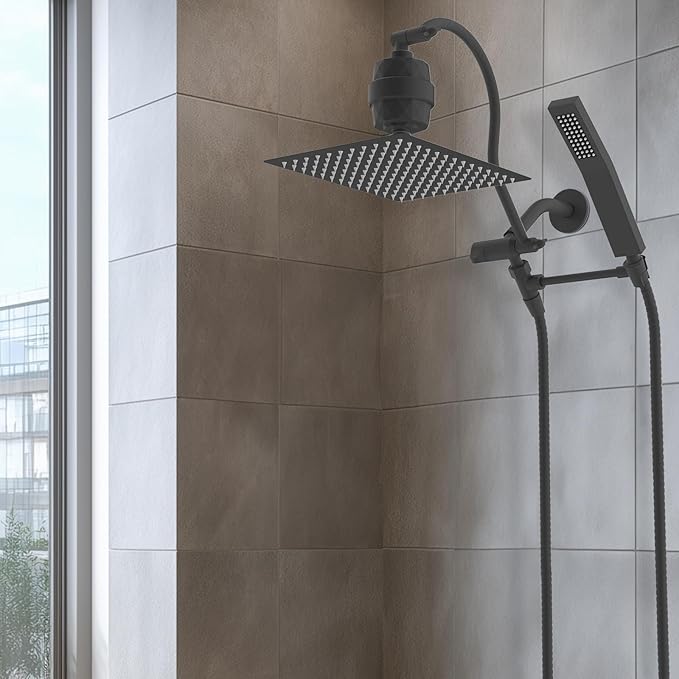 Hibbent All Metal 12'' Filtered Rainfall Shower Head Combo, High Pressure Handheld Shower Wand, 12'' Adjustable Extension Arm, 20 Stage Shower Filter, 71'' Hose, Shower Head Holders, Matte Black