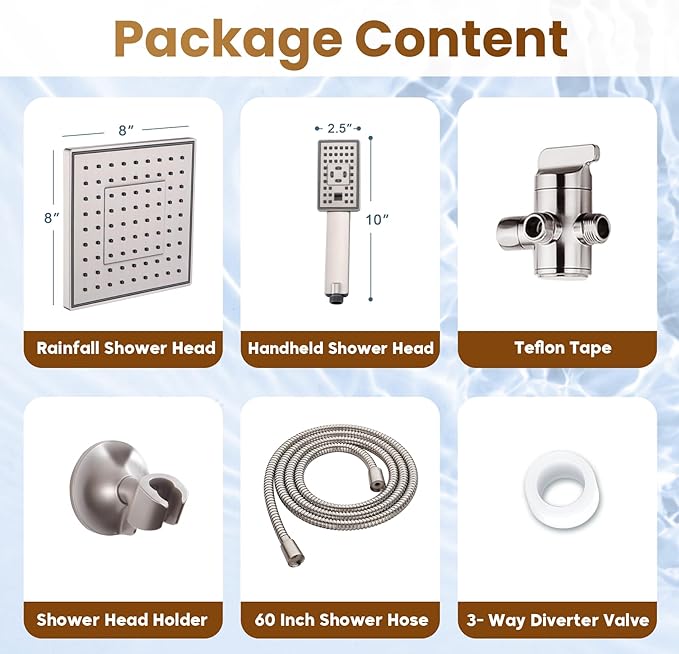 BRIGHT SHOWERS Rain Shower Head with Handheld Spray, 8 Inch Rainfall Shower Head Combo with 60" Hose, Adjustable Dual Square Showerhead Set with 3-Way Diverter, Wall Bracket, Brushed Nickel