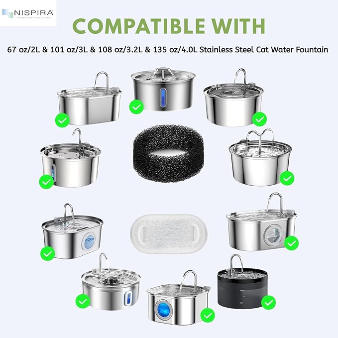 NISPIRA PLWF003 PLWF006 Stainless Steel Cat Water Fountain Activated Charcoal Water Filter Kit Replacements with Spongies For Petlibro 67oz/2L 101oz/3L, Tomxcute 108oz/3.2L 135oz/4 L Pet, 24 Pack