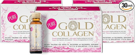 GOLD COLLAGEN Pure - Collagen Supplements for Women & Men with Biotin for Hair Growth, Skin and Nail - Anti Wrinkle Immune System Booster with Hyaluronic Acid, Vitamin C, B6 and Zinc, 3 Pack 10x50 ml