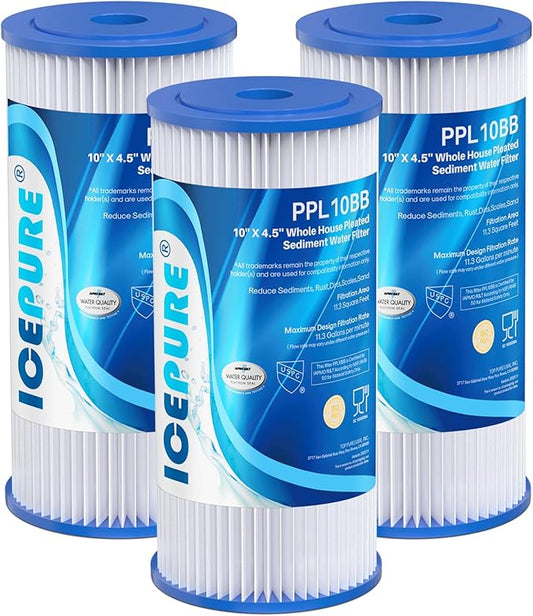 ICEPURE 20 Micron 10" x 4.5" Whole House Sediment Pleated Water Filter Replacement for GE FXHSC, Culligan R50-BBSA, Pentek R50-BB, DuPont WFHDC3001, W50PEHD, GXWH40L, GXWH35F for Well Water, 3PACK