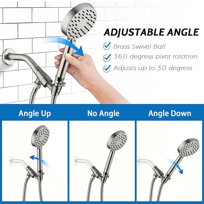G-Promise Solid Metal Brushed Nickel Handheld Shower Head With Extra Long Stainless Steel Hose & Water Saving On/Off Pause Valve, Modern Style, 1 Setting, 10 Year Warranty