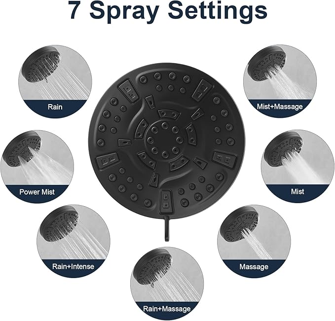 Matte Black Filtered Shower Head High Pressure 7 Modes Shower Heads with Filter for Hard Water Adjustable Replacement Remove Chlorine and Harmful Substances, ABS
