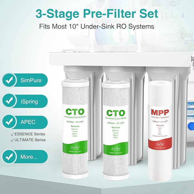 SimPure 1-3 Stage Reverse Osmosis Water Filter Replacement Set, Compatible with APEC Essence & Ultimate Series, Pre-Filter for ROES-50, ROES-PH75, RO-90, RO-PERM & Most 10" Water Filter Systems