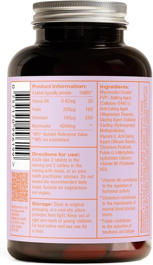 Myoplus - Myo-Inositol Supplement - 4000mg Myo Inositol, 200ug Folate & 100ug Chromium Daily Intake - Hormonal Balance for Women - 120 Vegan Tablets, 30 Days Supply