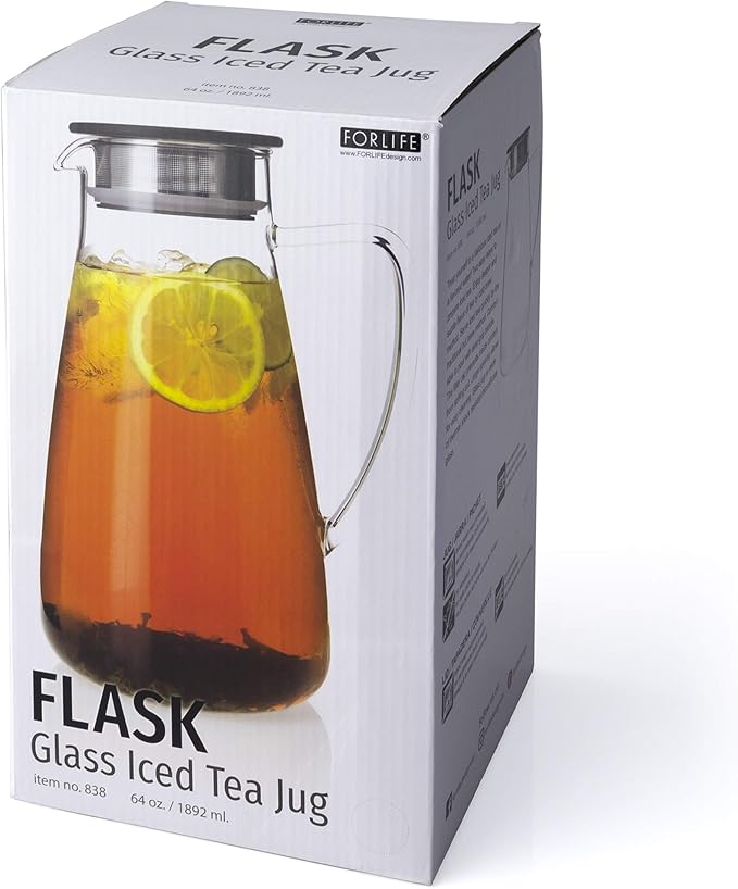 FORLIFE Flask Glass Iced Tea Jug, 64 oz, Charcoal