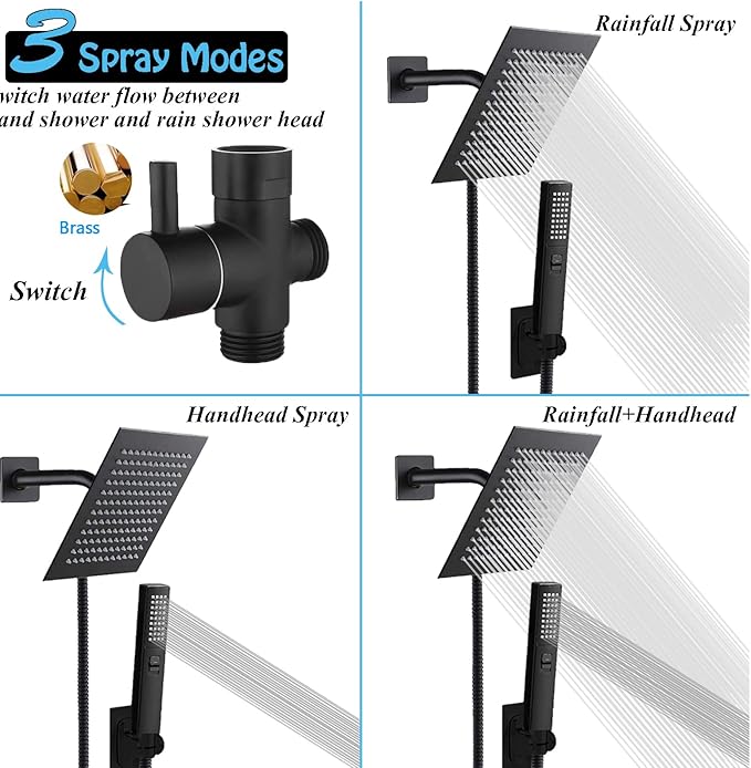 6'' Square High Pressure Rain Black Shower Heads with Handheld Spray Combo. Equipped with 78" Leakproof Hose, 3 Way Diverter Valve, Adhesive Shower Head Holder, Double Shower Head Set, AWAXFOLO