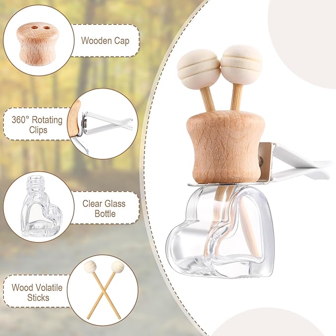 Zubebe 30 Pack Car Air Freshener Diffuser with Vent Clip Empty Car Diffuser Bottles for Essential Oil Perfume Glass Bottle with Wooden Caps Stick(Heart)