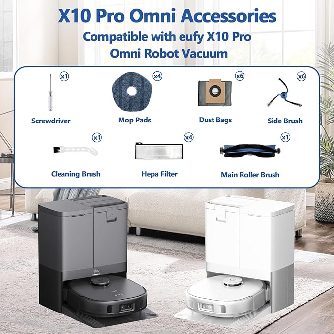 23 Pack X10 Pro Omni Replacement Parts Kit for Eufy X10 Pro Omni Robot Vacuum Accessories, 1 Main Roller Brush, 4 Hepa Filters, 4 Mop Pads, 6 Dust Bags, 6 Side Brushes, 1 Screwdriver 1 Clean Tool