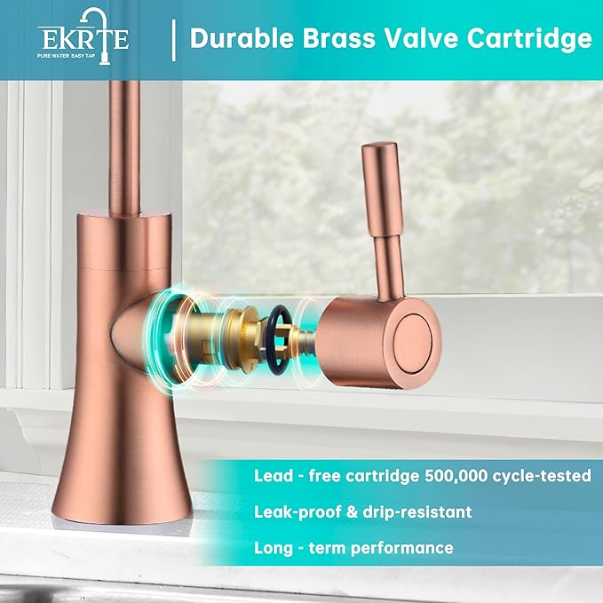 EKRTE Copper Drinking Water Purifier Faucet, Rose Gold Kitchen Bar Sink Drinking Water Purifier Faucet, Commercial Water Filtration Faucet for Under Sink Water Filter System,Brass RO Faucet in Copper