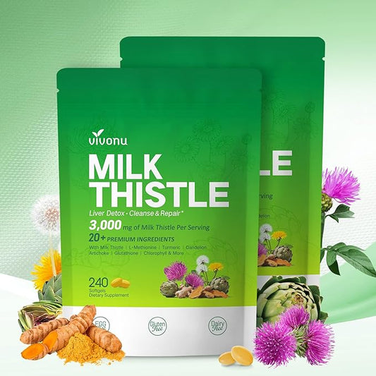 Milk Thistle Liver Detox Capsules, 3000mg Liver Cleanse Detox & Repair, 20-in-1 Advanced Support Complex with Milk Thistle, NAD, NAC, ALA, Dandelion,Glutathione, Artichoke, Turmeric, More, 2 Bag