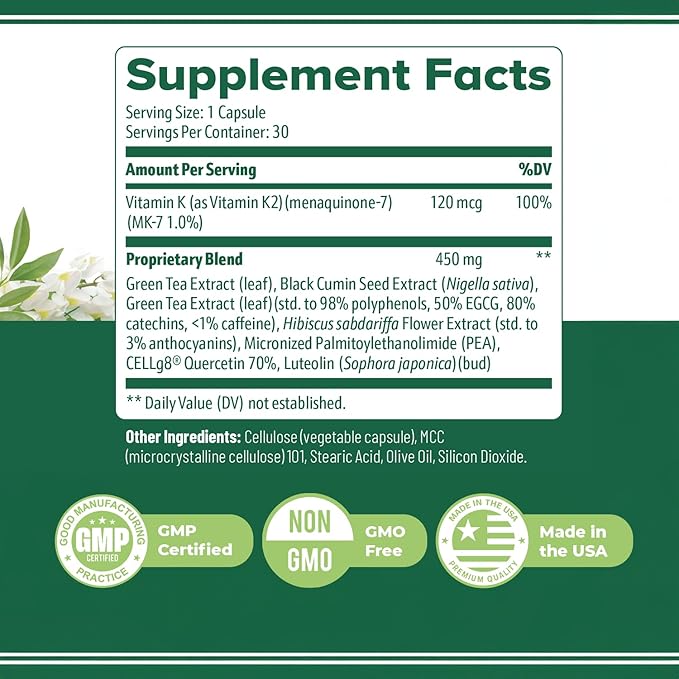 Flexigenics – Natural Support Formula with Green Tea Extract, Black Cumin Seed & Vitamin K2 – Non-GMO, Easy-to-Take – 30 Capsules, 1 Month Supply