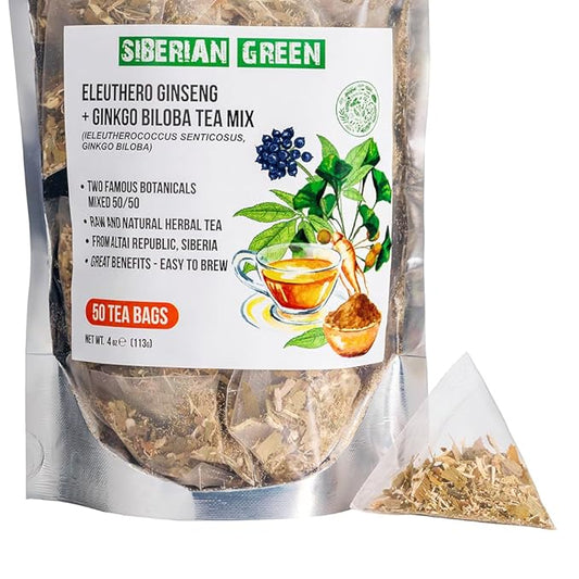 Siberian Green Ginkgo Tea Bags with Ginseng Root Mix – 50Pcs Natural Pure Eleuthero Tea from Siberia – Non-GMO, No Fillers Infusion Bags – Equal Plant Ratio – Convenient and Easy to Brew