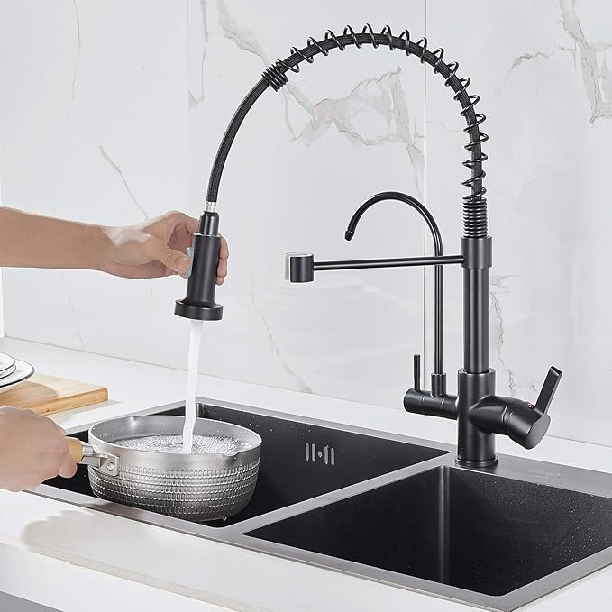 MENATT Commercial Matte Black Brass Faucet, High Arc 3 in 1 Kitchen Sink Faucet with Pull Down Sprayer, RO System Water Filter Integrated