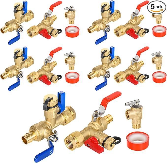 3/4 Inch GUOFIS IPS Tankless Water Heater Valve Kit with Pressure Relief Valve(3/4"FIPx 3/4" PEX-A Expansion F1960),5 Set Water Heater Valve Kit