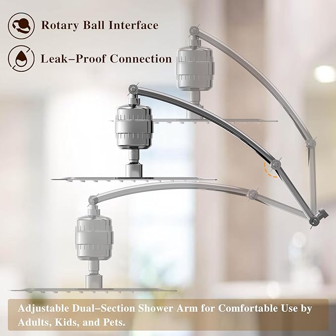 Filtered Shower Head with Adjustable Extension Arm, Rain High Pressure Showerhead with 20-Stage Shower Filter for Removing Chlorine and Harmful Substances (10 Inch, Chrome Finish)